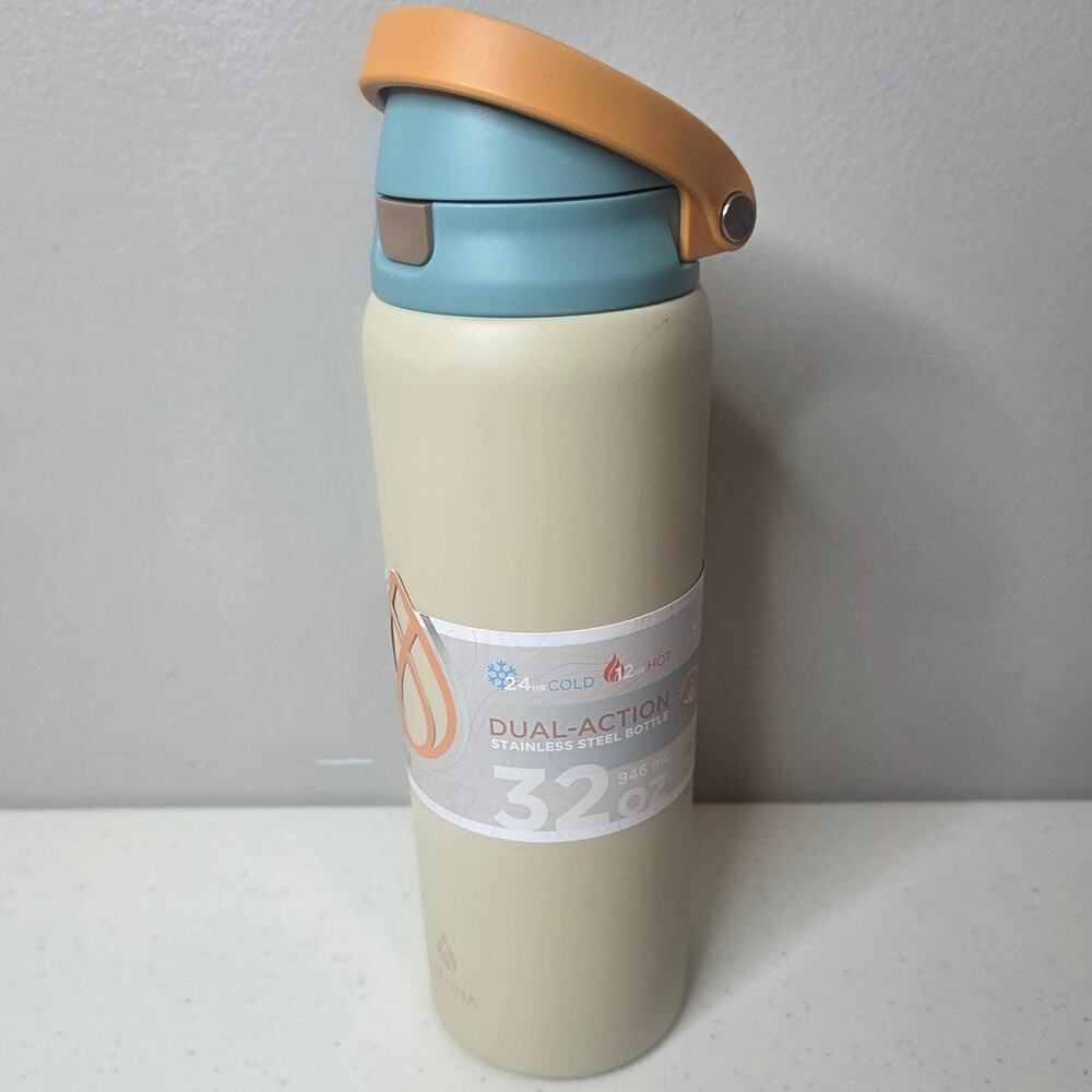Manna Hydra Bottle Dual Action Stainless Steel 32 Oz Tan Blue NWT